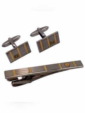Dunhill silver and gold-tone rectangular cufflinks and tie clip set